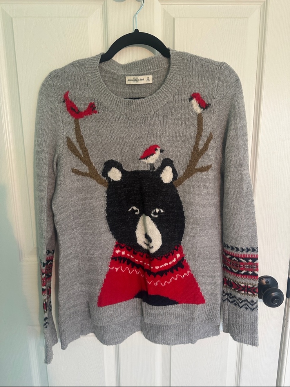 Abercrombie Grey Bear Motif Crewneck Sweater with Red Accents